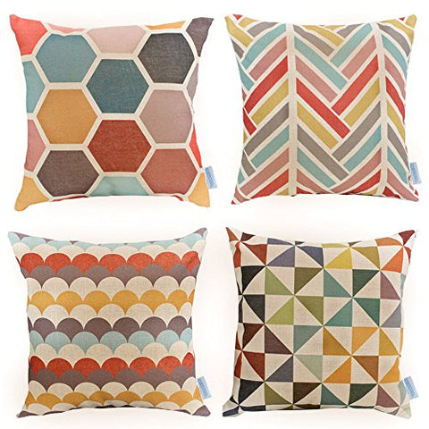 WOMHOPE 4 Pack - 17 x 17 Inch Colorfull Stripe Vintage Style Cotton Linen Square Throw Pillow Case Decorative Cushion Cover Pillowcase Cushion Case for Sofa,Bed,Chair,Auto Seat (C (Set of 4))