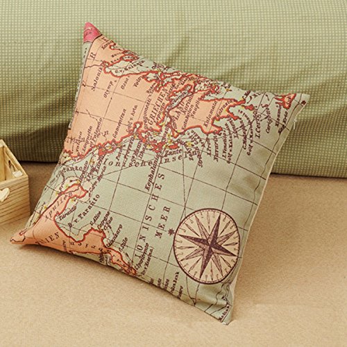 Home Decorative Throw Pillow Covers - Wonder4 Cotton Linen Map Art Throw Pillow Cases Cushion Covers Decoration,2X Maps +1x Compass + 1x Navigation Compass 18 X 18 Inch for Home Sofa Bedding Set of 4