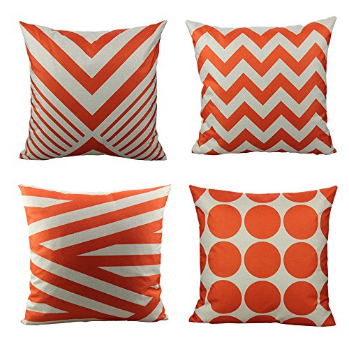 All Smiles Decorative Orange Throw Pillow Case Cushion Covers Pillowcase Sets for Couch Sofa,Cotton Linen 18x18 Set of 4,Geometric Chevron Stripe