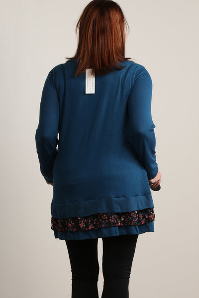 #7008BW    PLUS Sweater Tunic with Floral Ruffle Hem (in Dark Teal or Cherry Red)