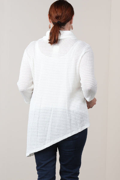 #7014BW    PLUS Ivory Mesh Cowl Neck Asymmetrical Sweater Tunic