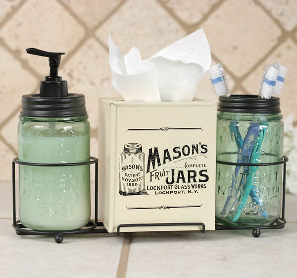 Mason Jar Bathroom Caddy With Mason Jars & Tissue Box Cover